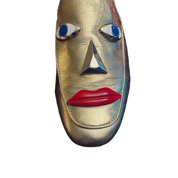 Katy Perry THE RUE Gold Mules Slides Size 6 Party Fun Artsy 3D Modern Glam Face - Picture 8 of 13